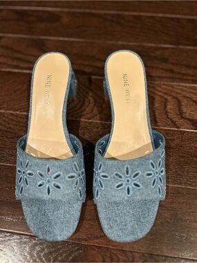 Nine West Denim Blue Floral Cutout Slide Mules